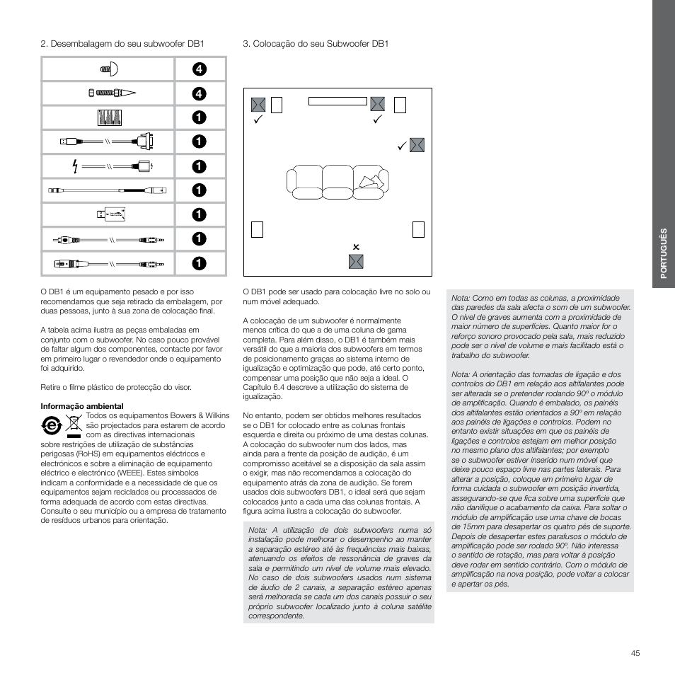 Desembalagem do seu subwoofer db1, Colocação do seu subwoofer db1 | Bowers & Wilkins DB1 User Manual | Page 45 / 115