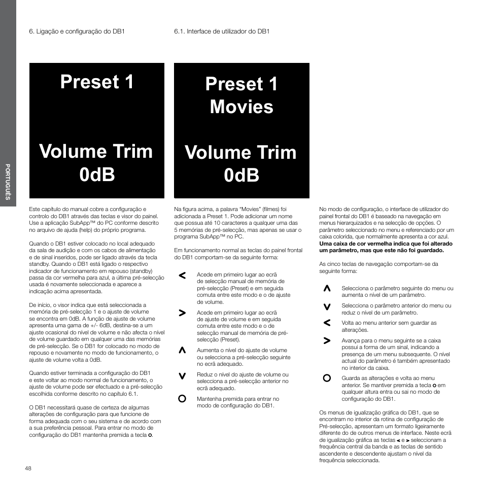 Ligação e configuração do db1, Interface de utilizador do db1, Preset 1 volume trim 0db | Preset 1 movies volume trim 0db | Bowers & Wilkins DB1 User Manual | Page 48 / 115
