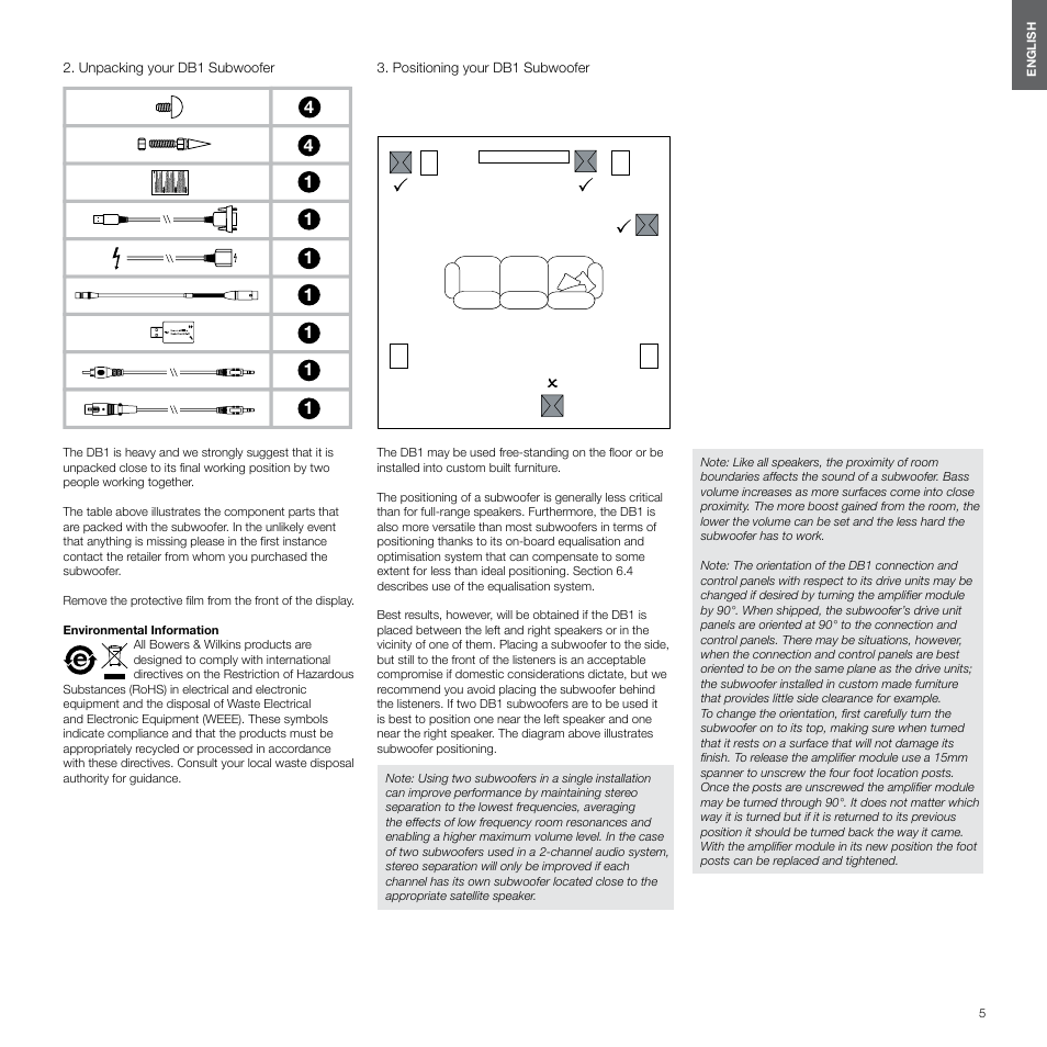 Unpacking your db1 subwoofer, Positioning your db1 subwoofer | Bowers & Wilkins DB1 User Manual | Page 5 / 115