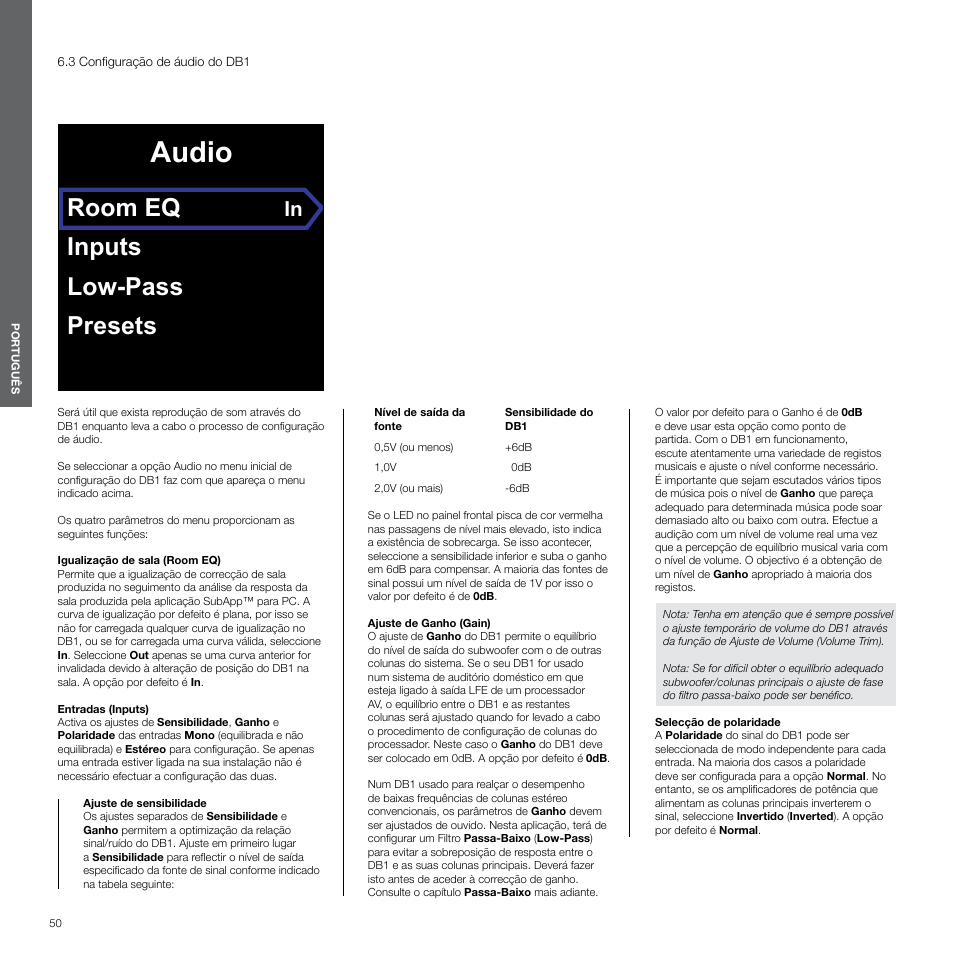 3 configuração de áudio do db1, Audio, Room eq | Inputs low-pass presets | Bowers & Wilkins DB1 User Manual | Page 50 / 115