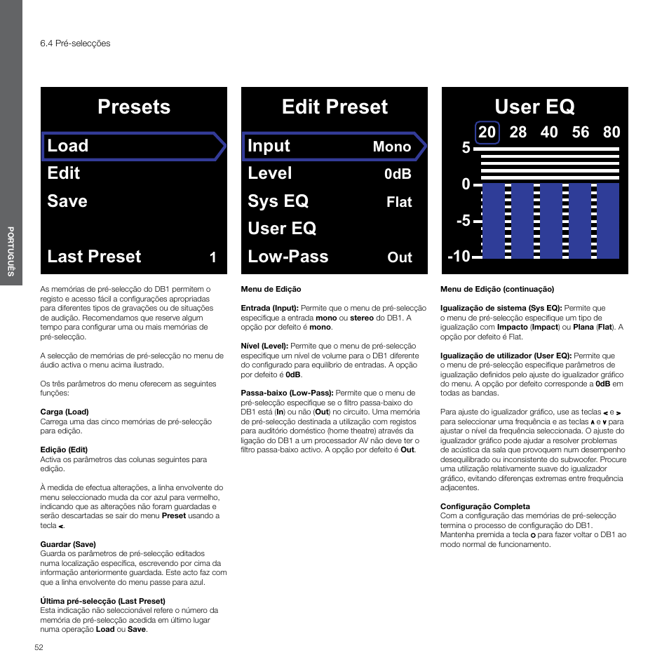 4 pré-selecções, 4 pré-selecções 12, Presets | Edit preset, User eq, Load edit save last preset, Input, Level, Sys eq, User eq low-pass | Bowers & Wilkins DB1 User Manual | Page 52 / 115