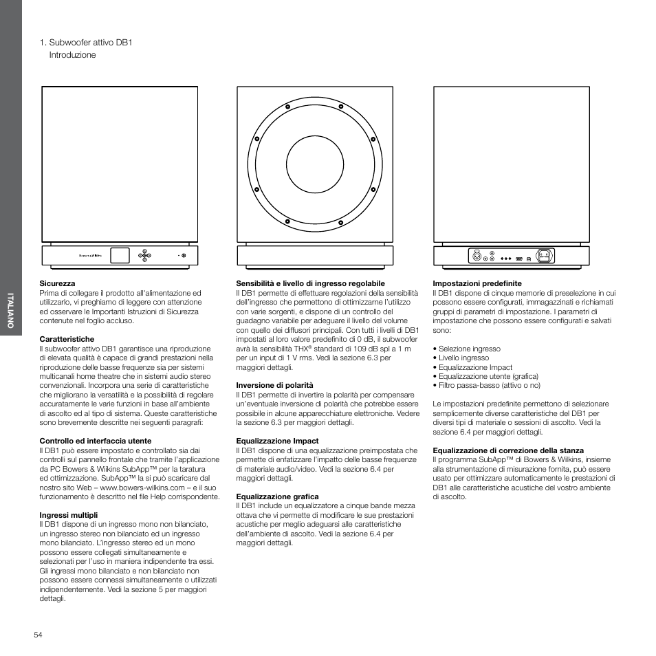 Italiano, subwoofer attivo db1 | Bowers & Wilkins DB1 User Manual | Page 54 / 115