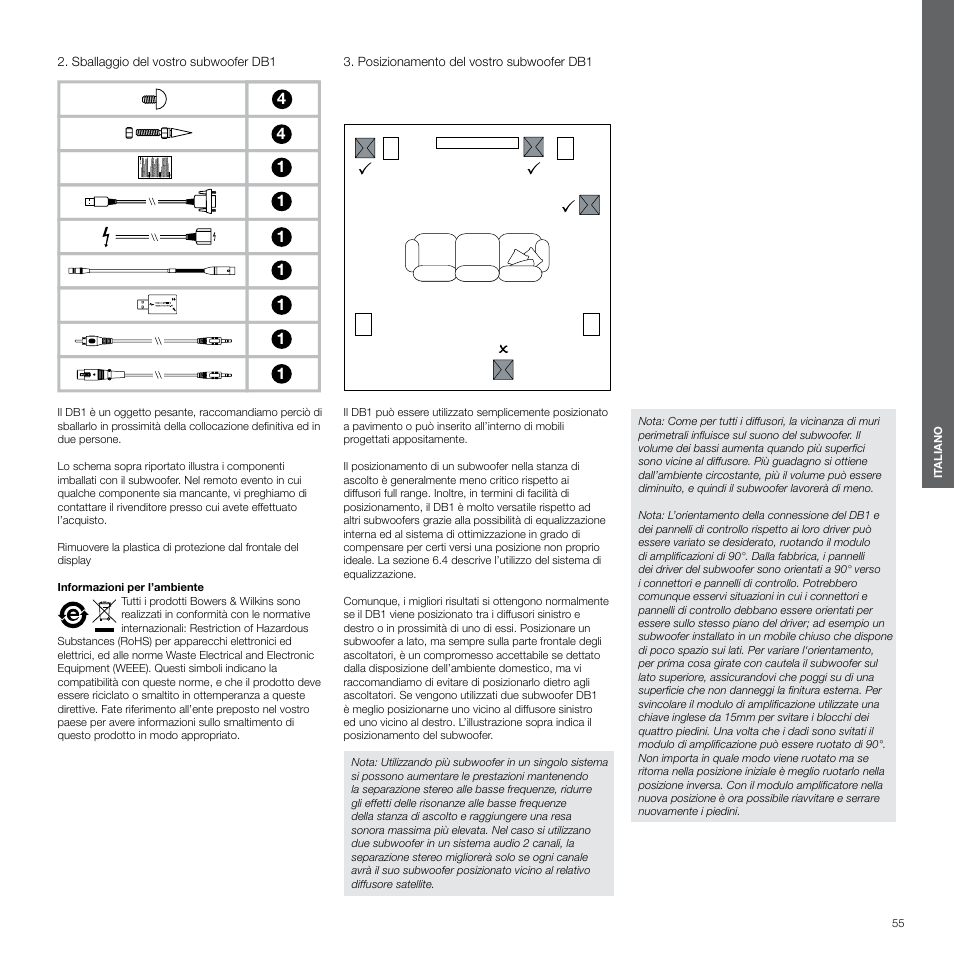 Sballaggio del vostro subwoofer db1, Posizionamento del vostro subwoofer db1 | Bowers & Wilkins DB1 User Manual | Page 55 / 115