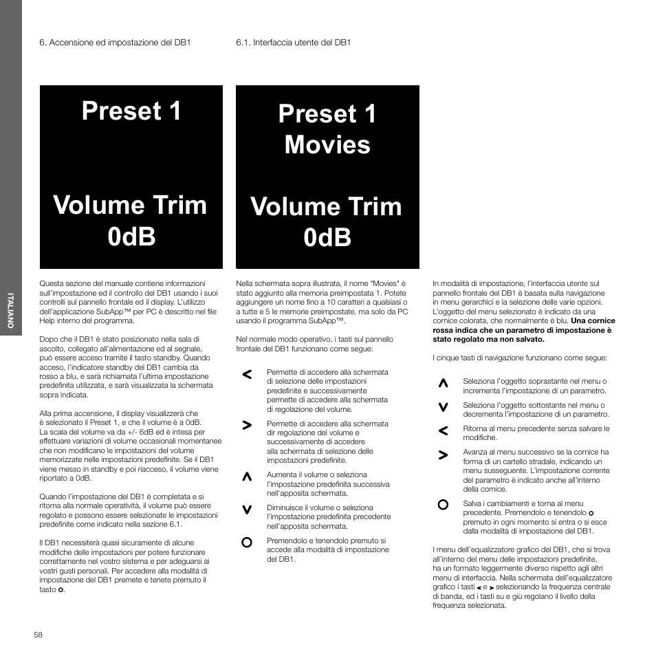 Accensione ed impostazione del db1, Interfaccia utente del db1, Preset 1 volume trim 0db | Preset 1 movies volume trim 0db | Bowers & Wilkins DB1 User Manual | Page 58 / 115