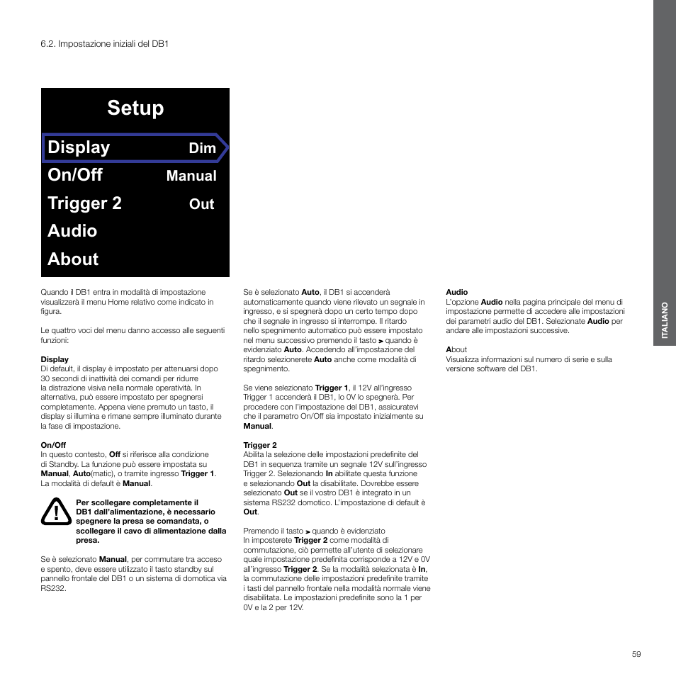 Impostazione iniziali del db1, Setup, Display | On/off, Trigger 2, Audio about, Manual | Bowers & Wilkins DB1 User Manual | Page 59 / 115