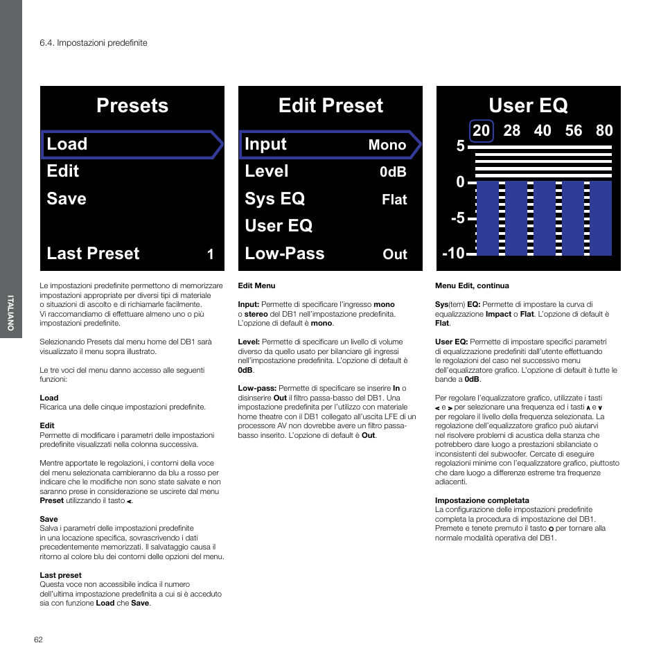 Impostazioni predefinite, Presets, Edit preset | User eq, Load edit save last preset, Input, Level, Sys eq, User eq low-pass, Mono | Bowers & Wilkins DB1 User Manual | Page 62 / 115