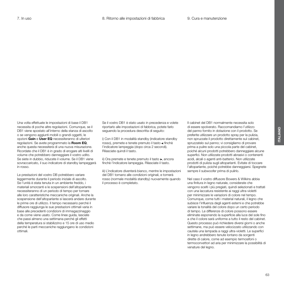 In uso, Ritorno alle impostazioni di fabbrica, Cura e manutenzione | Bowers & Wilkins DB1 User Manual | Page 63 / 115