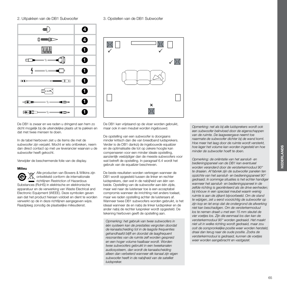 Uitpakken van de db1 subwoofer, Opstellen van de db1 subwoofer | Bowers & Wilkins DB1 User Manual | Page 65 / 115