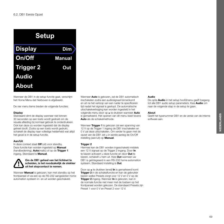 Db1 eerste opzet, Setup, Display | On/off, Trigger 2, Audio about, Manual | Bowers & Wilkins DB1 User Manual | Page 69 / 115