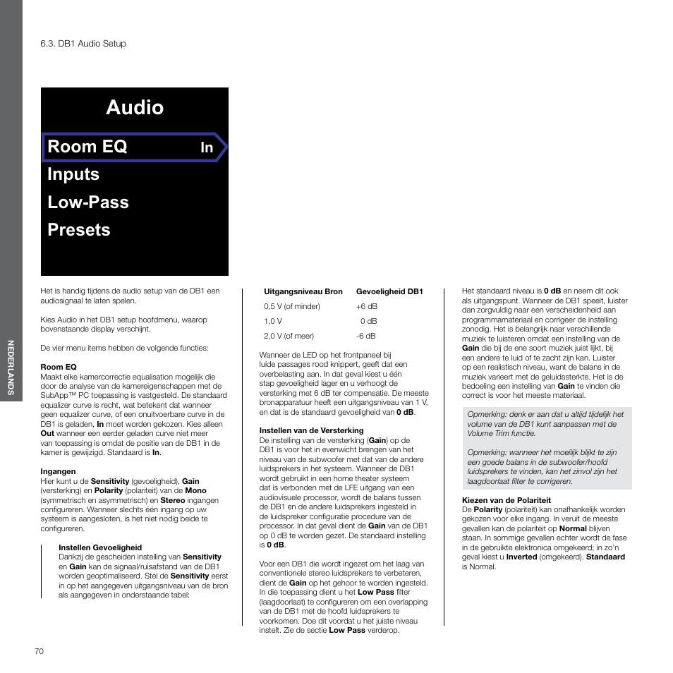 Db1 audio setup, Audio, Room eq | Inputs low-pass presets | Bowers & Wilkins DB1 User Manual | Page 70 / 115
