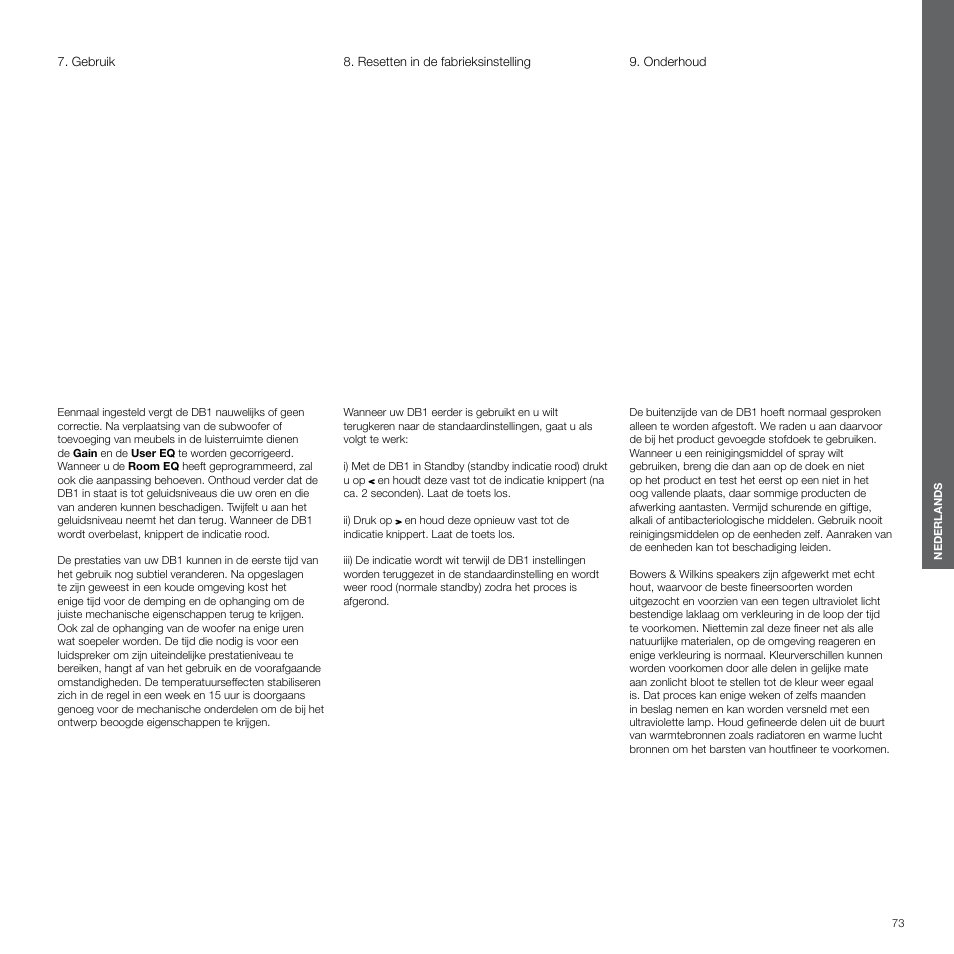 Gebruik, Resetten in de fabrieksinstelling, Onderhoud | Bowers & Wilkins DB1 User Manual | Page 73 / 115