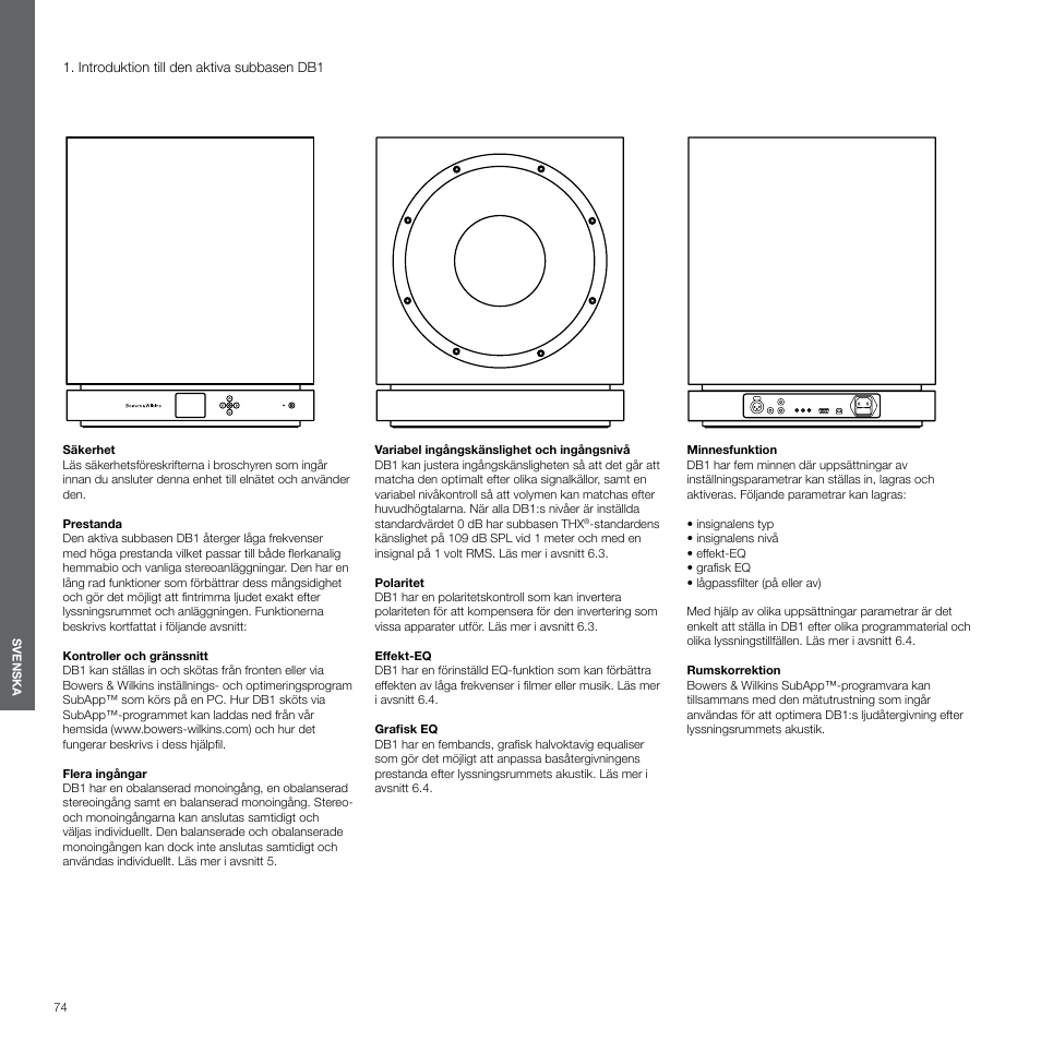 Svenska, Introduktion till den aktiva subbasen db1 | Bowers & Wilkins DB1 User Manual | Page 74 / 115