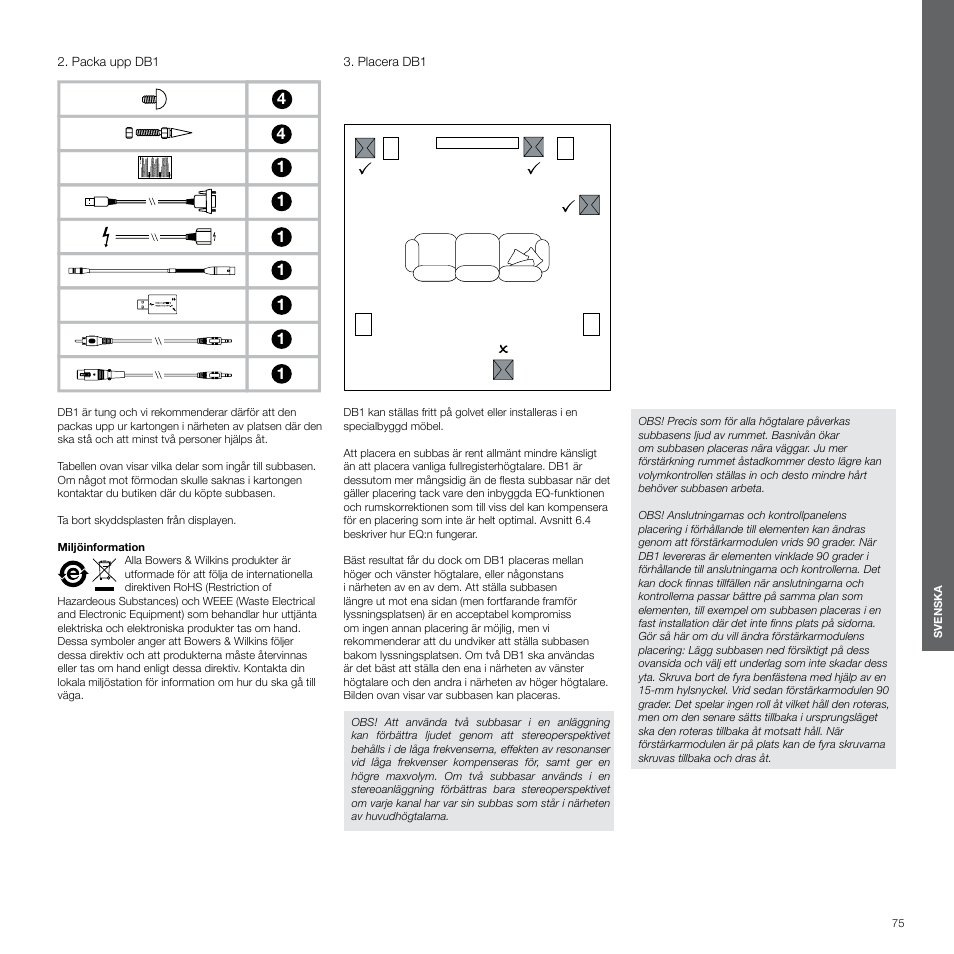 Packa upp db1, Placera db1 | Bowers & Wilkins DB1 User Manual | Page 75 / 115