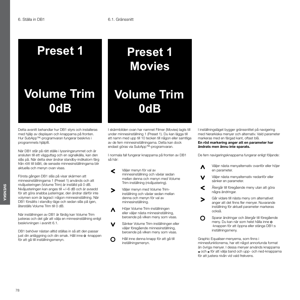 Ställa in db1, Gränssnitt, Preset 1 volume trim 0db | Preset 1 movies volume trim 0db | Bowers & Wilkins DB1 User Manual | Page 78 / 115