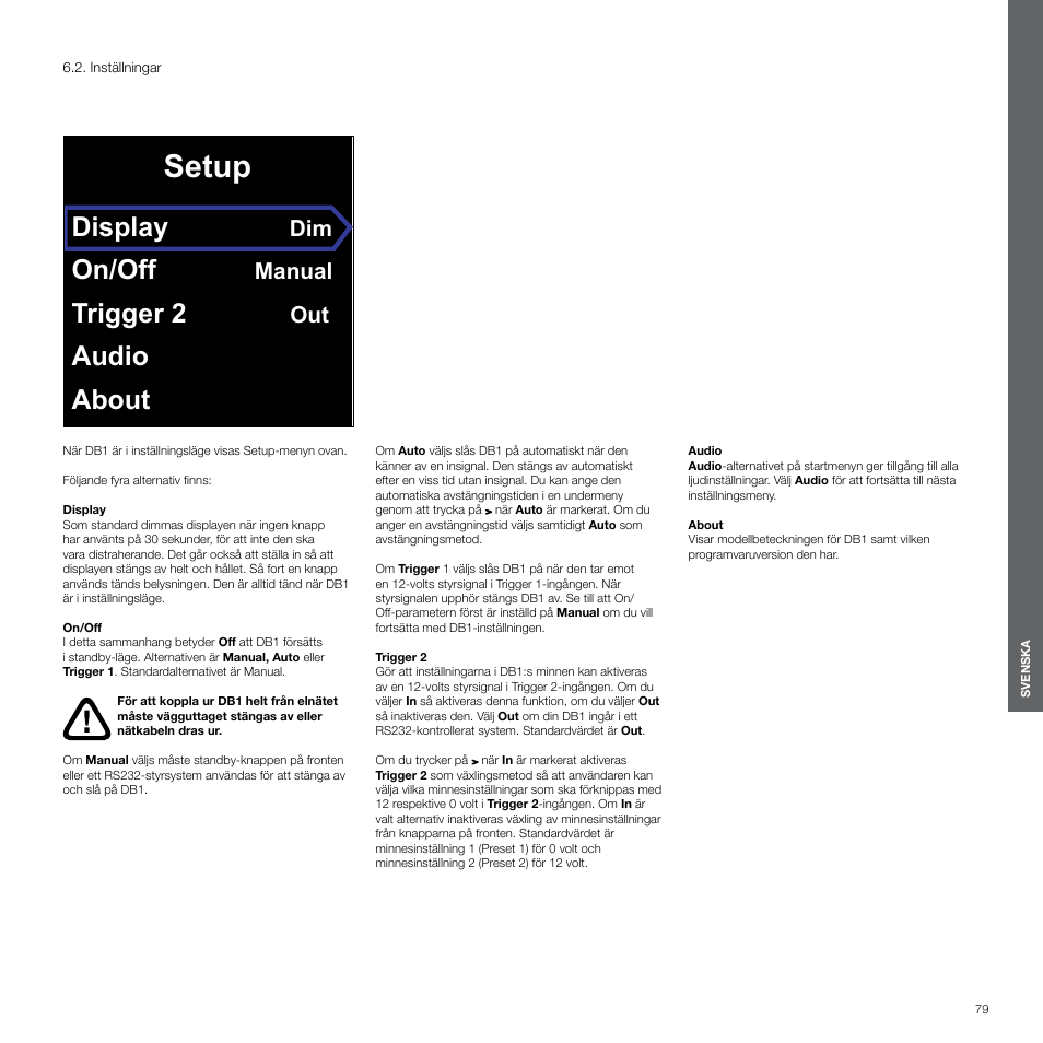 Inställningar, Setup, Display | On/off, Trigger 2, Audio about, Manual | Bowers & Wilkins DB1 User Manual | Page 79 / 115