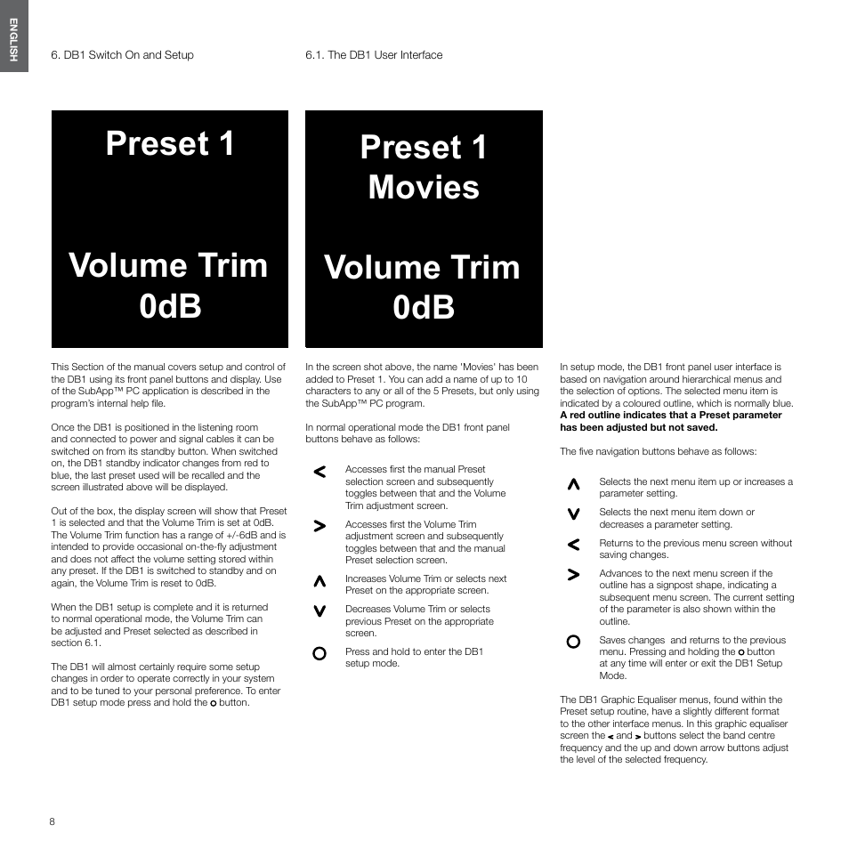 Db1 switch on and setup, The db1 user interface, Preset 1 volume trim 0db | Preset 1 movies volume trim 0db | Bowers & Wilkins DB1 User Manual | Page 8 / 115
