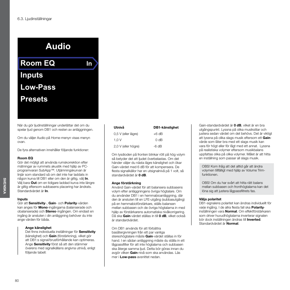 Ljudinställningar, Audio, Room eq | Inputs low-pass presets | Bowers & Wilkins DB1 User Manual | Page 80 / 115