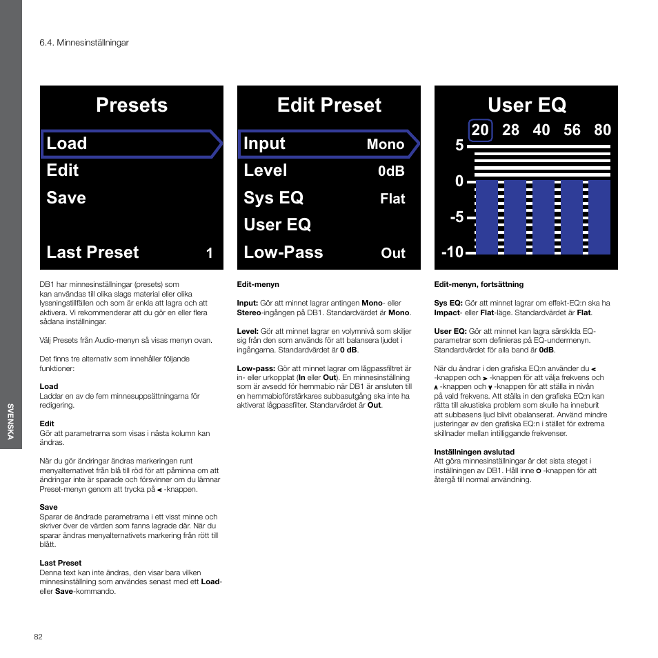 Minnesinställningar, Presets, Edit preset | User eq, Load edit save last preset, Input, Level, Sys eq, User eq low-pass, Mono | Bowers & Wilkins DB1 User Manual | Page 82 / 115