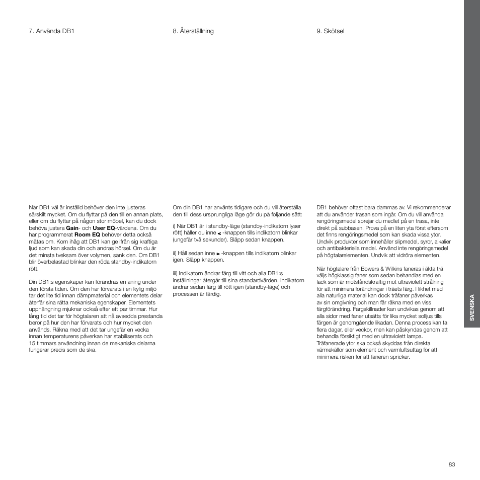 Använda db1, Återställning, Skötsel | Bowers & Wilkins DB1 User Manual | Page 83 / 115