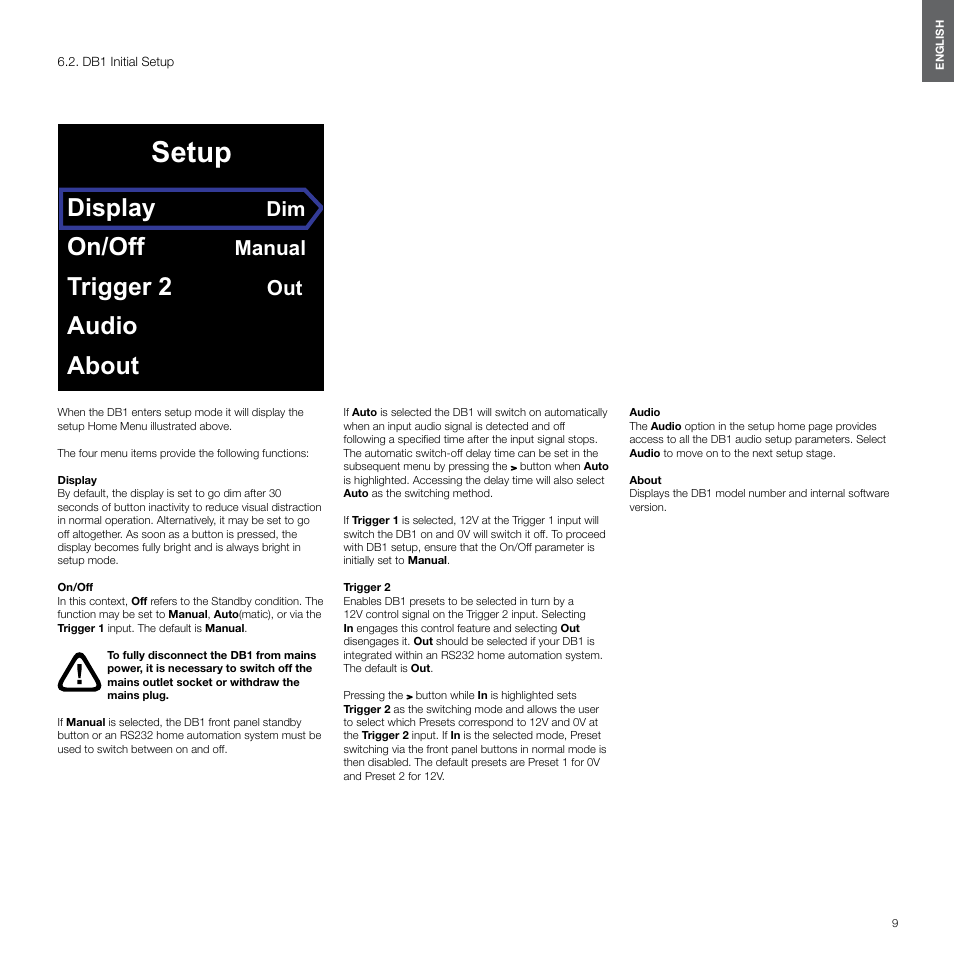 Db1 initial setup, Setup, Display | On/off, Trigger 2, Audio about, Manual | Bowers & Wilkins DB1 User Manual | Page 9 / 115