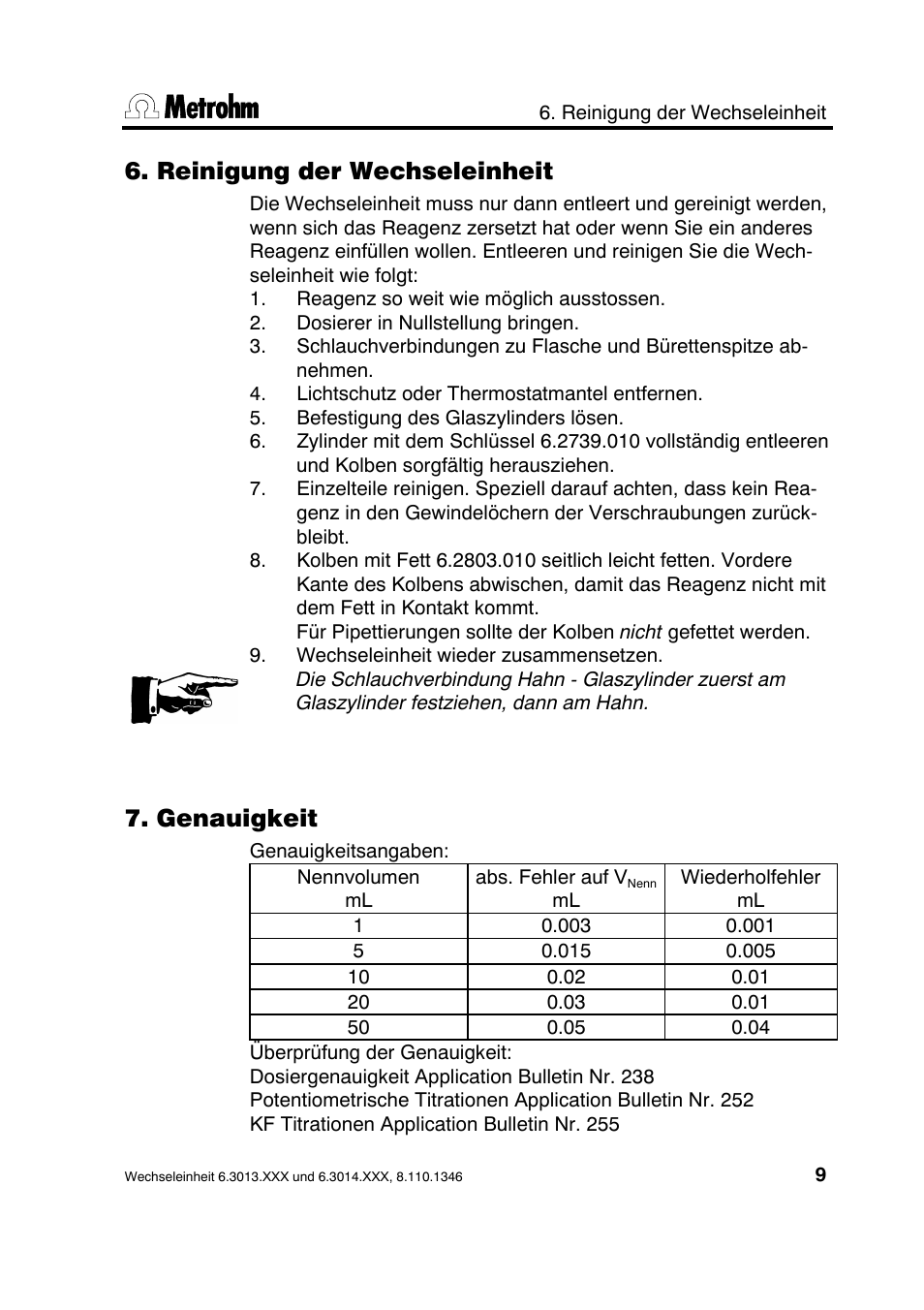 Reinigung der wechseleinheit, Genauigkeit | Metrohm 739 Exchange unit User Manual | Page 9 / 42