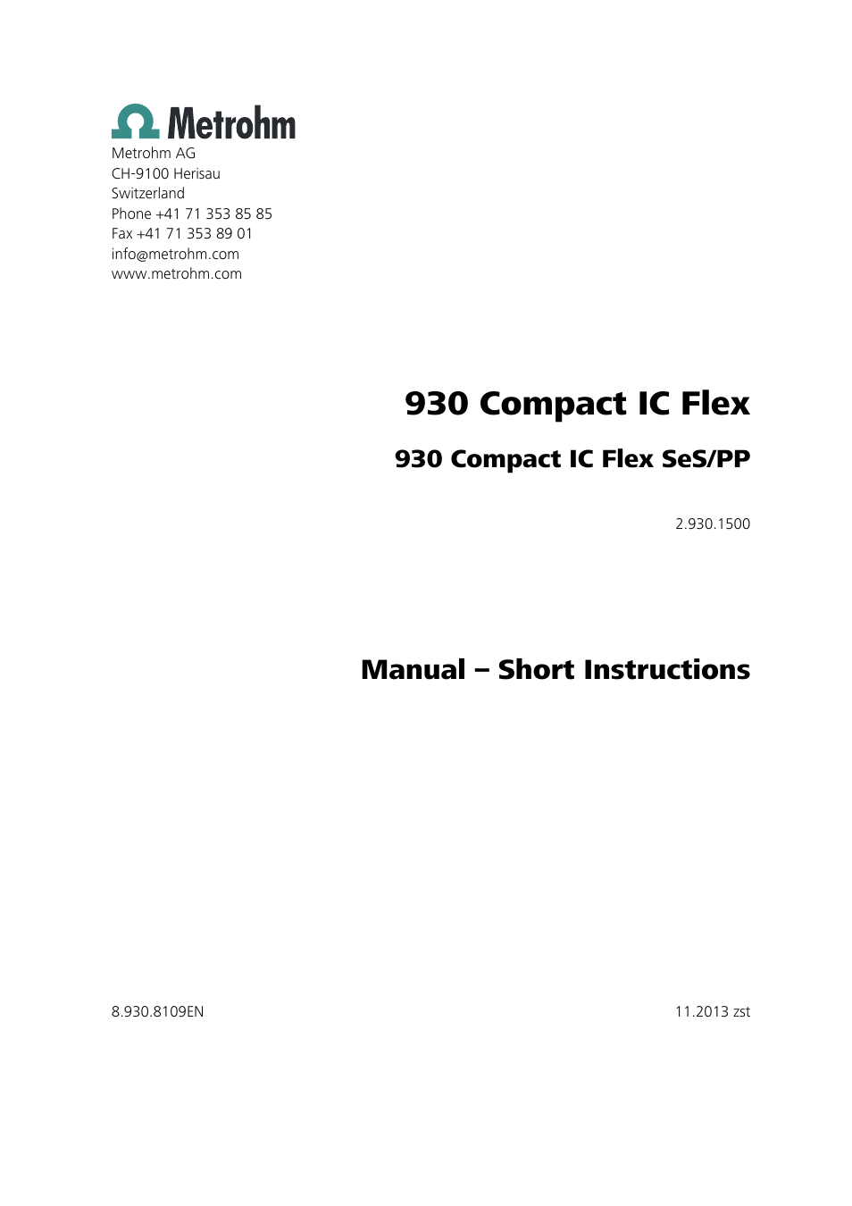 930 compact ic flex, Manual – short instructions, 930 compact ic flex ses/pp | Metrohm 930 Compact IC Flex SeS/PP User Manual | Page 3 / 49