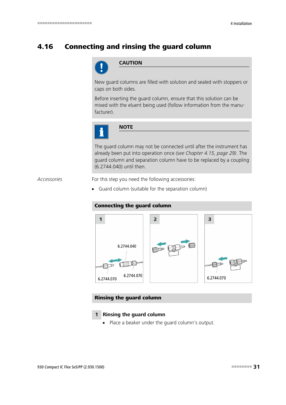 16 connecting and rinsing the guard column | Metrohm 930 Compact IC Flex SeS/PP User Manual | Page 39 / 49