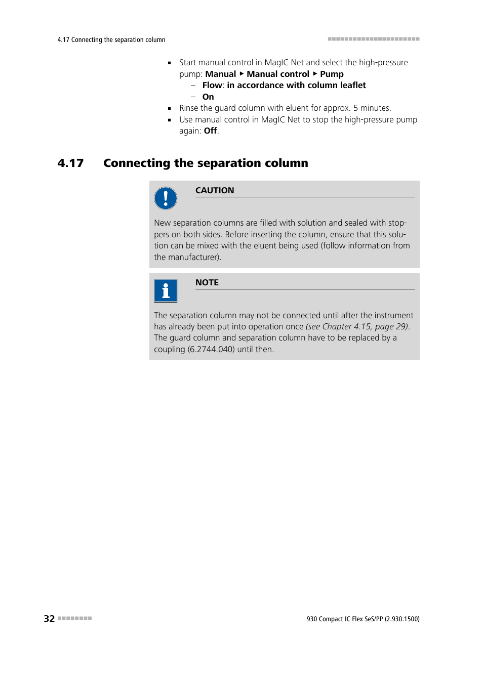 17 connecting the separation column | Metrohm 930 Compact IC Flex SeS/PP User Manual | Page 40 / 49