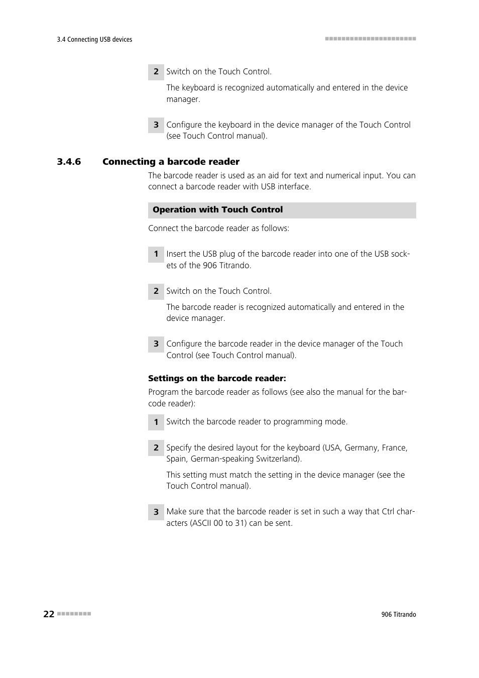 6 connecting a barcode reader, Connecting a barcode reader | Metrohm 906 Titrando User Manual | Page 30 / 70