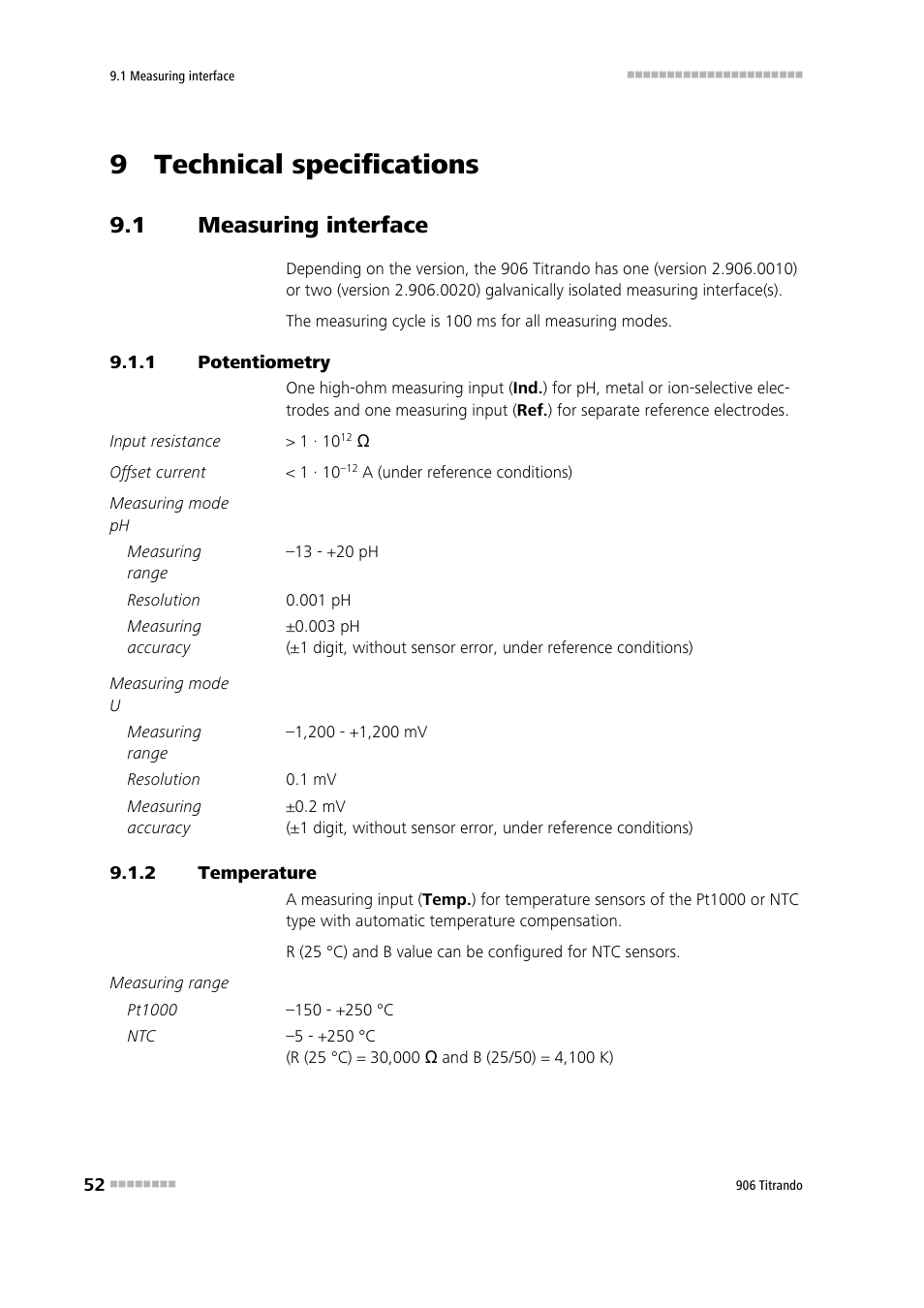 9 technical specifications, 1 measuring interface, 1 potentiometry | 2 temperature, Measuring interface, Potentiometry, Temperature | Metrohm 906 Titrando User Manual | Page 60 / 70