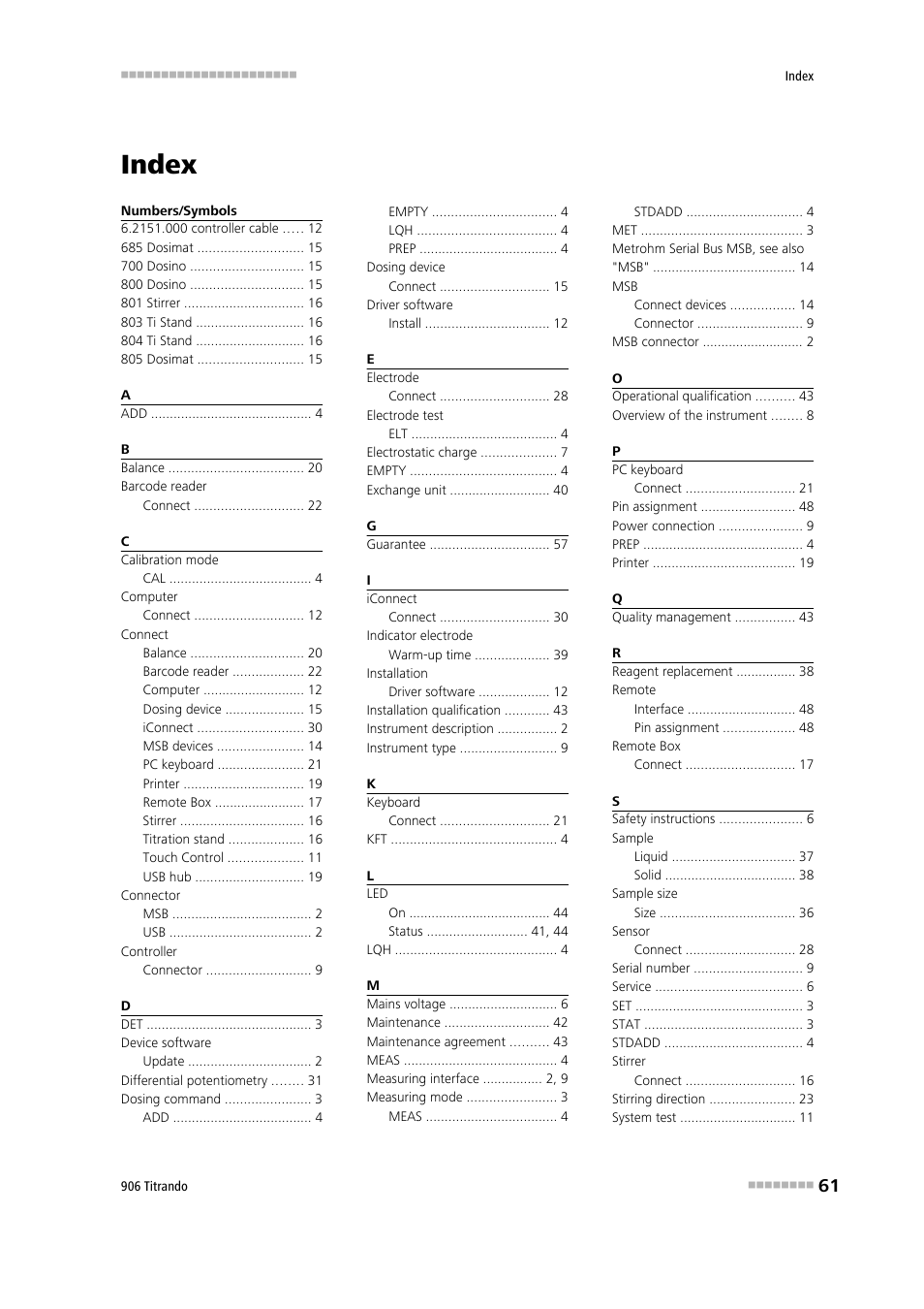 Index | Metrohm 906 Titrando User Manual | Page 69 / 70