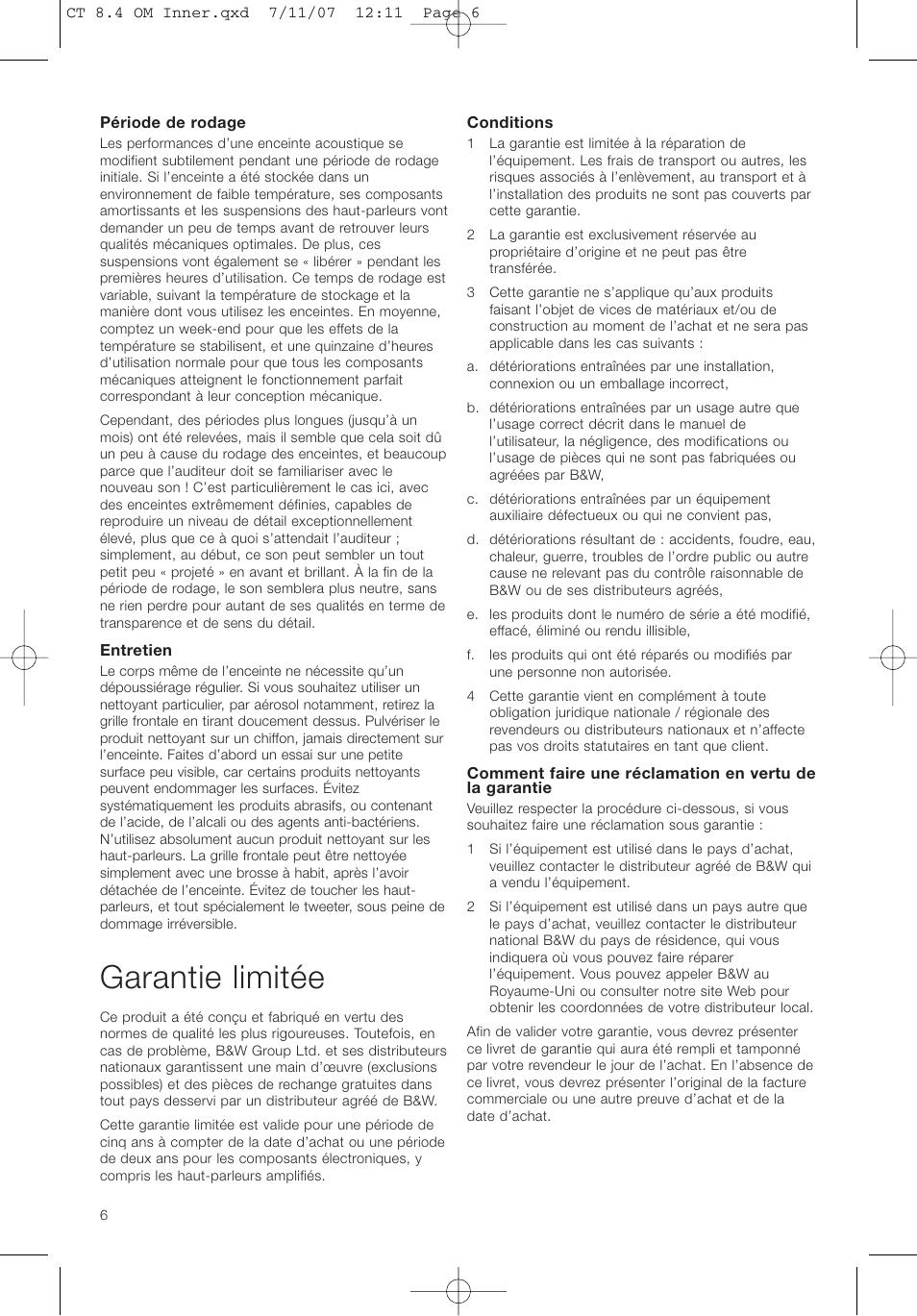 Garantie limitée | Bowers & Wilkins CT8.4 LCRS User Manual | Page 10 / 17