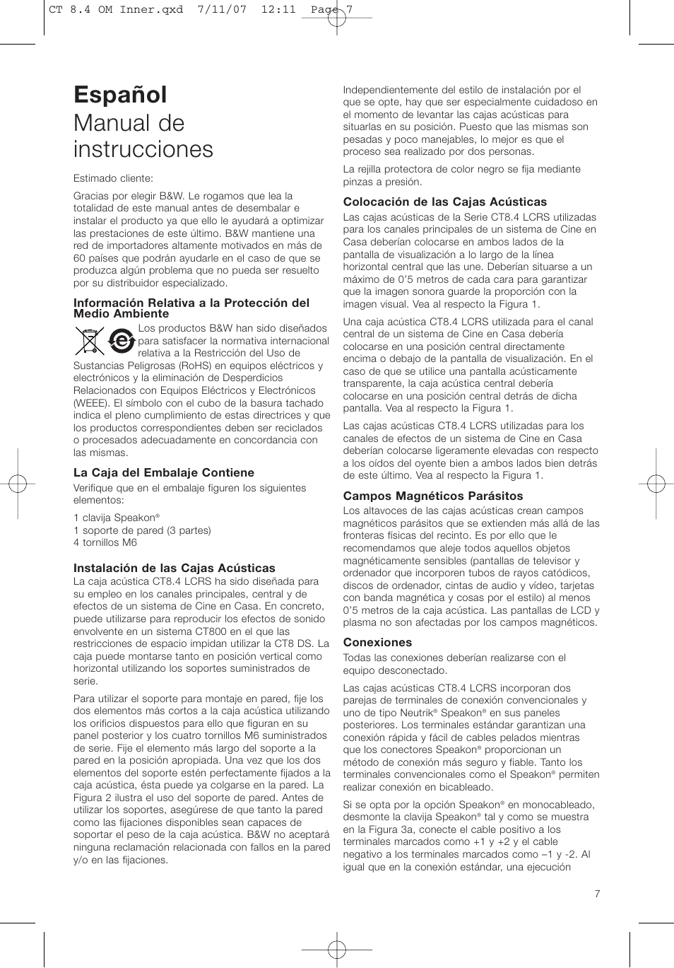 Español manual de instrucciones | Bowers & Wilkins CT8.4 LCRS User Manual | Page 11 / 17