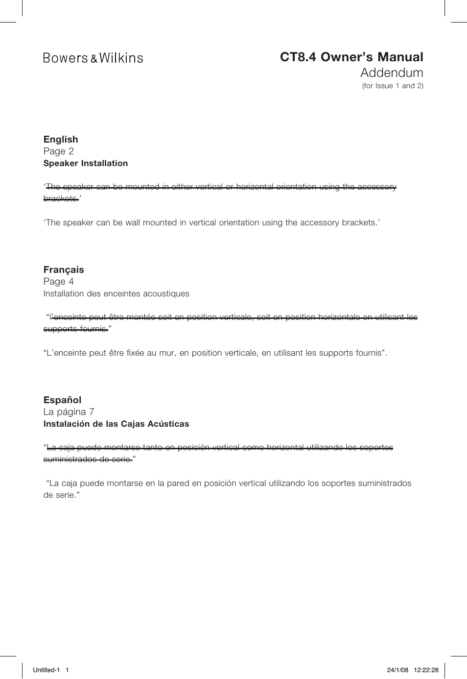 Ct8.4 owner’s manual addendum | Bowers & Wilkins CT8.4 LCRS User Manual | Page 2 / 17