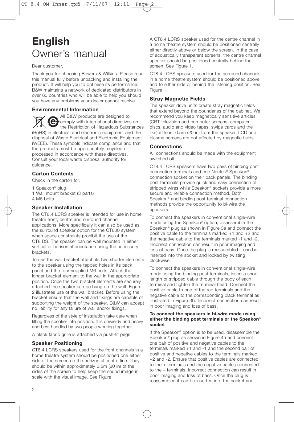 English owner’s manual | Bowers & Wilkins CT8.4 LCRS User Manual | Page 6 / 17