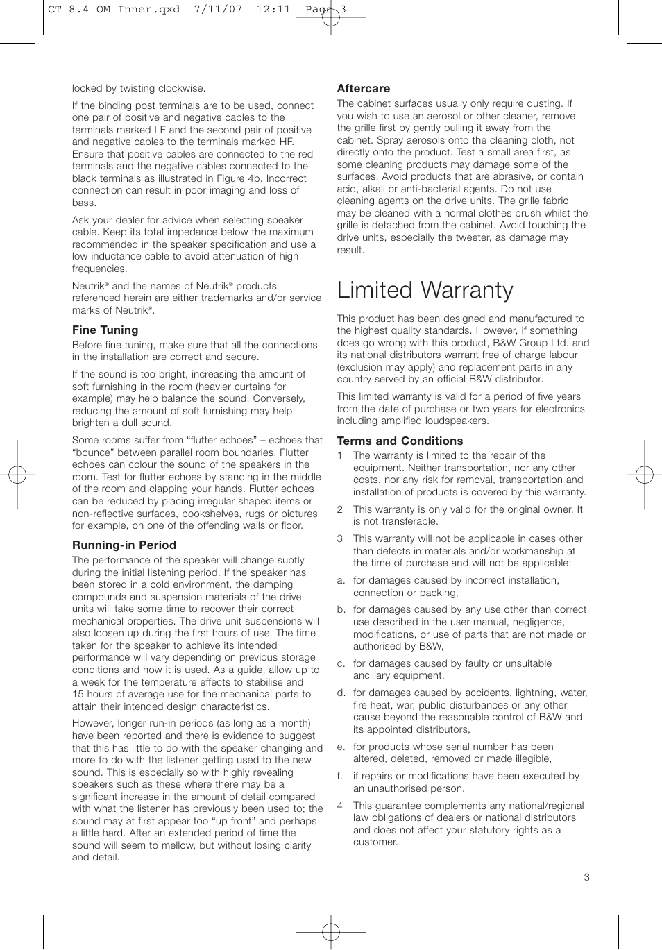 Limited warranty | Bowers & Wilkins CT8.4 LCRS User Manual | Page 7 / 17