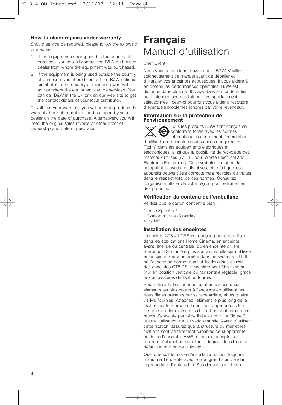 Français manuel d’utilisation | Bowers & Wilkins CT8.4 LCRS User Manual | Page 8 / 17