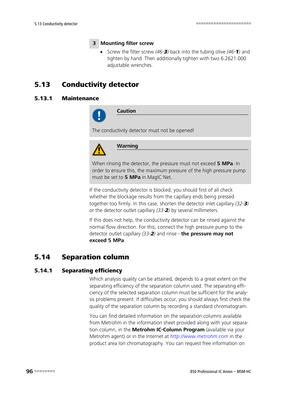 13 conductivity detector, 1 maintenance, 14 separation column | 1 separating efficiency, Maintenance, Separating efficiency | Metrohm 850 Professional IC Anion MSM-HC User Manual | Page 106 / 138