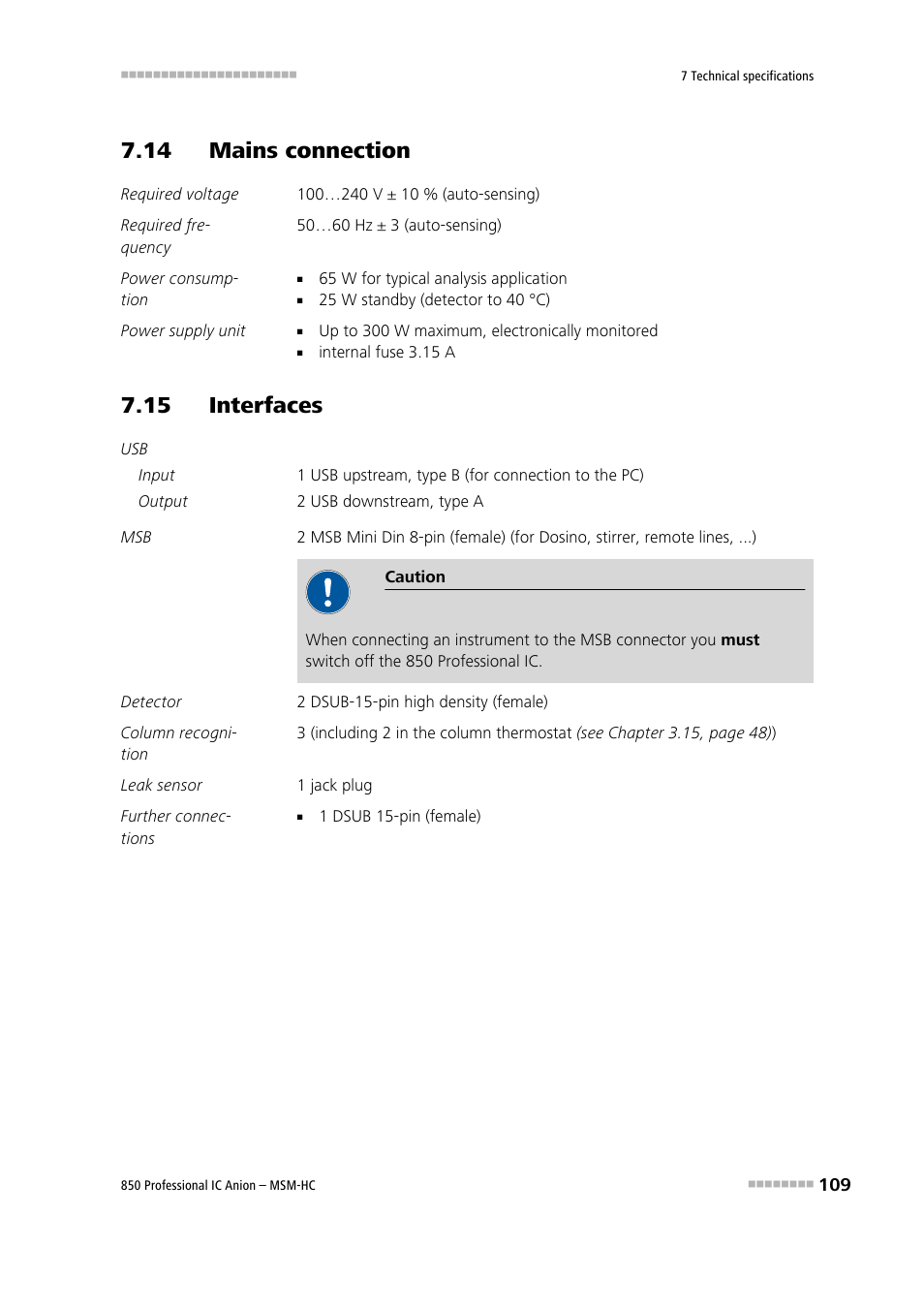 14 mains connection, 15 interfaces | Metrohm 850 Professional IC Anion MSM-HC User Manual | Page 119 / 138
