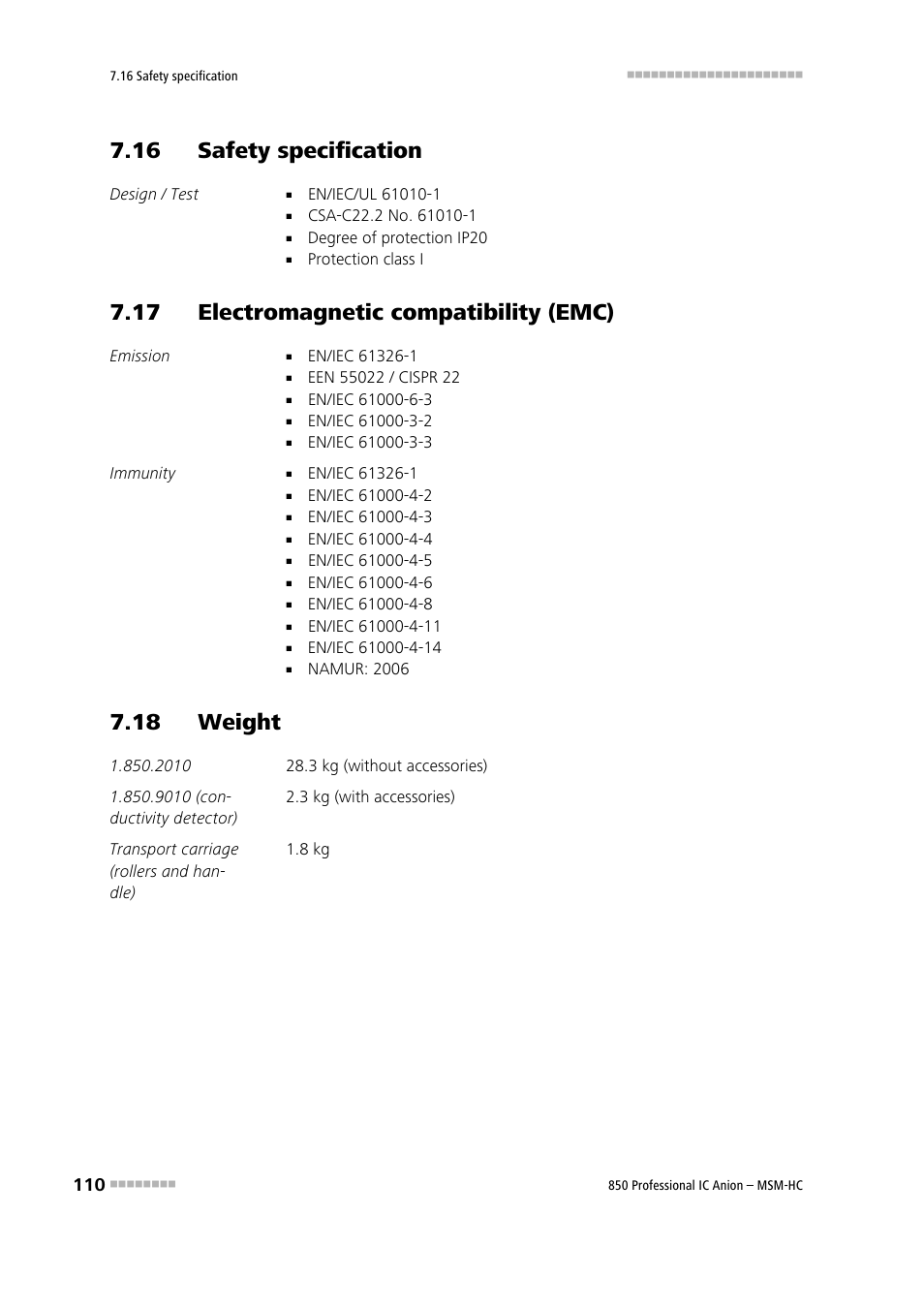 16 safety specification, 17 electromagnetic compatibility (emc), 18 weight | Metrohm 850 Professional IC Anion MSM-HC User Manual | Page 120 / 138