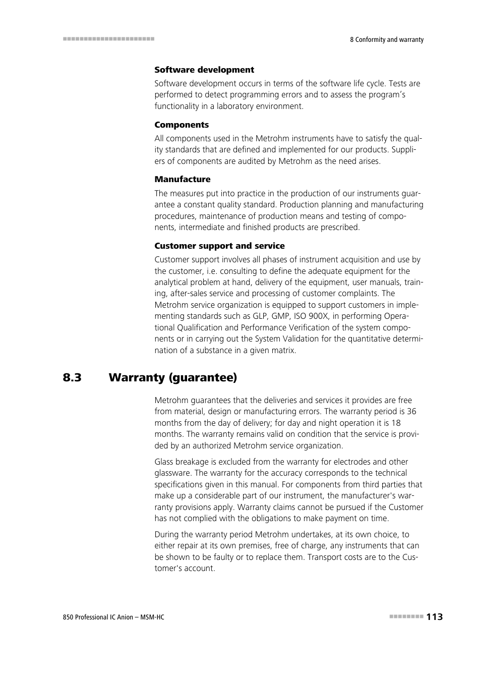 3 warranty (guarantee), Warranty (guarantee) | Metrohm 850 Professional IC Anion MSM-HC User Manual | Page 123 / 138