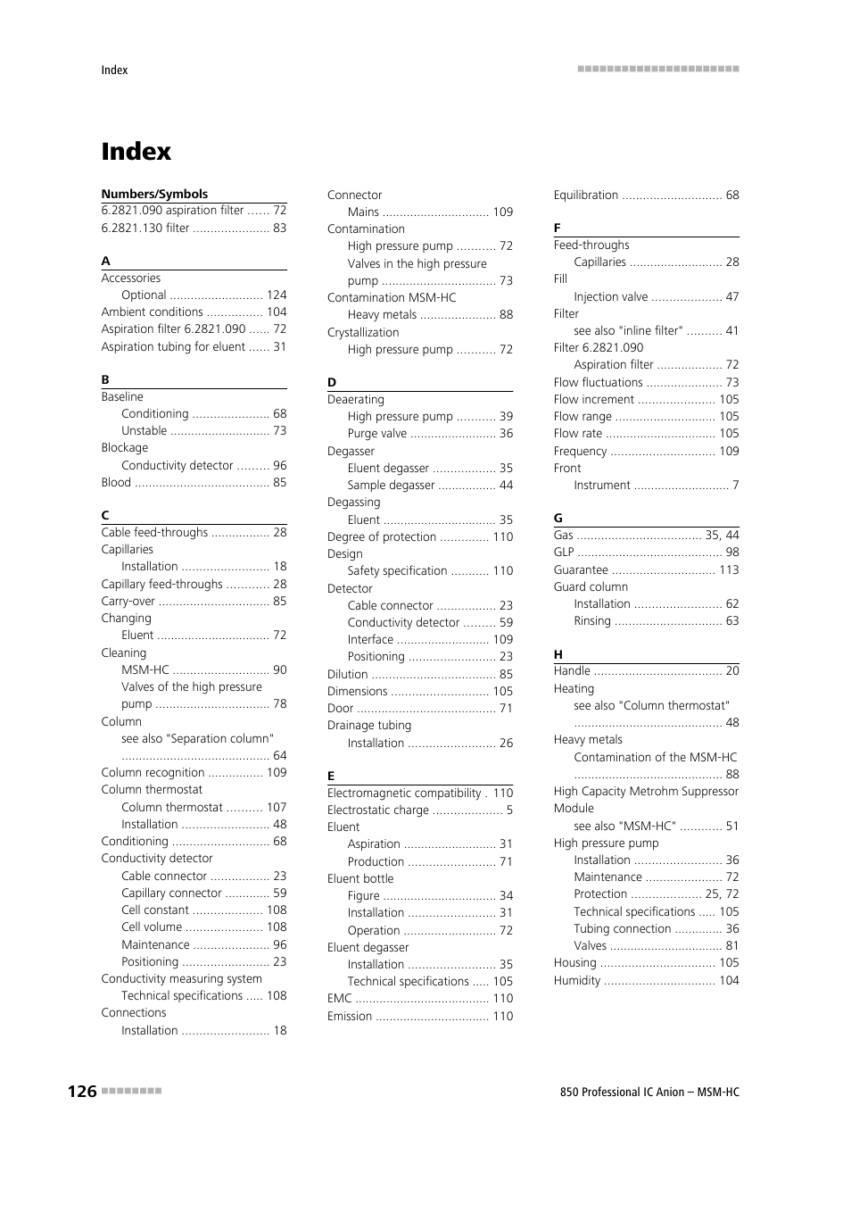 Index | Metrohm 850 Professional IC Anion MSM-HC User Manual | Page 136 / 138