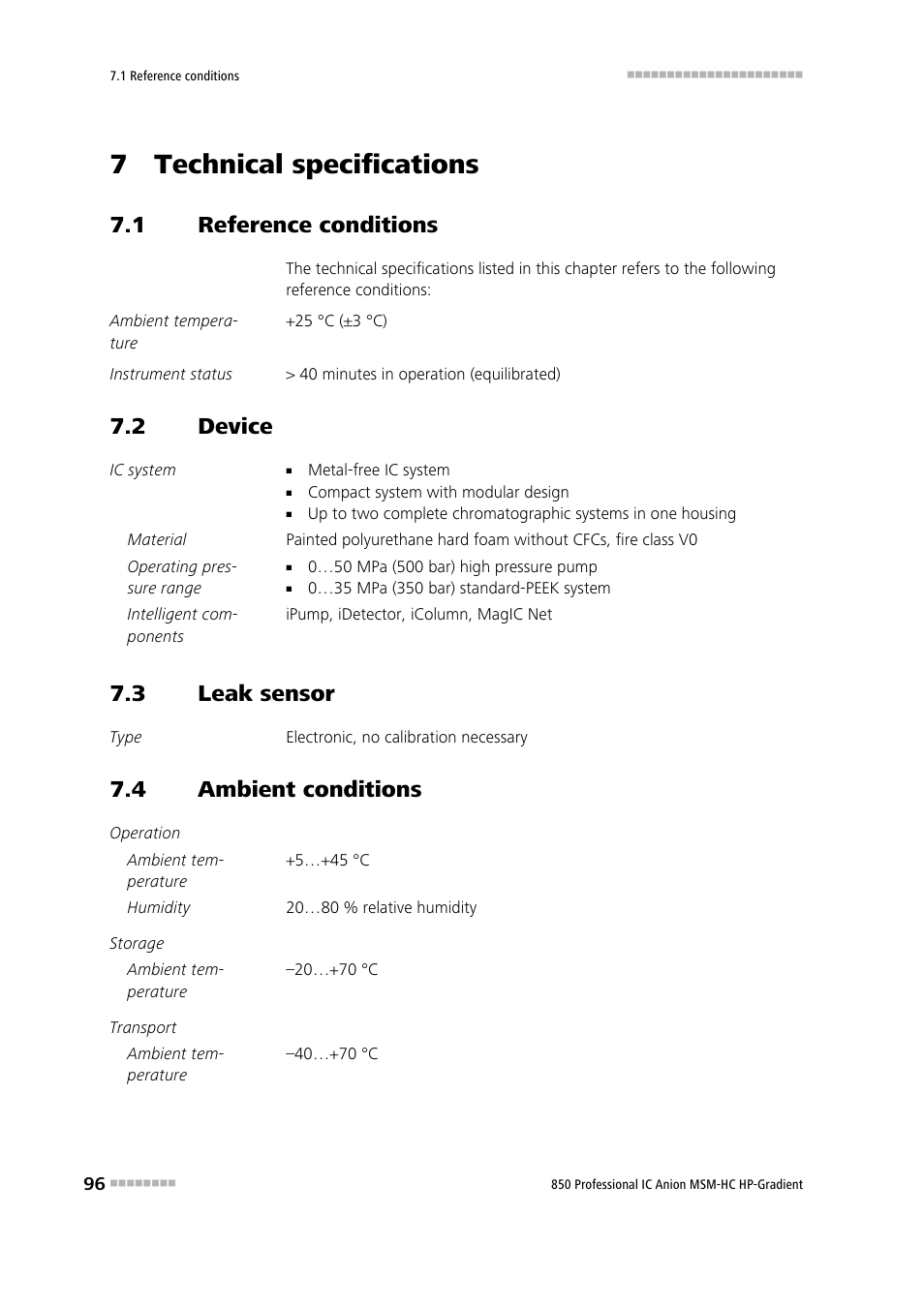 7 technical specifications, 1 reference conditions, 2 device | 3 leak sensor, 4 ambient conditions, Reference conditions, Device, Leak sensor, Ambient conditions | Metrohm 850 Professional IC Anion MSM-HC - Gradient User Manual | Page 106 / 132