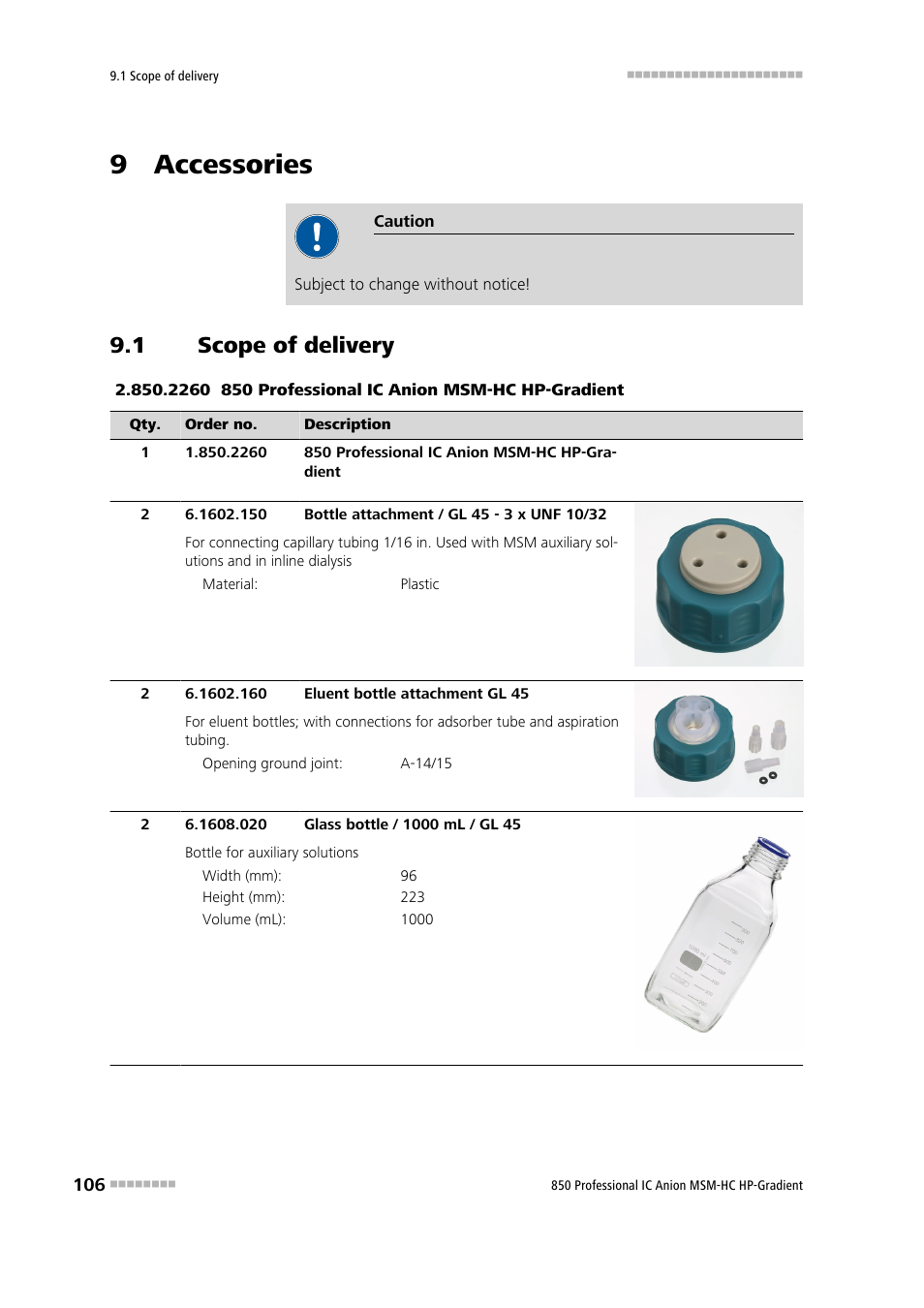 9 accessories, 1 scope of delivery, Scope of delivery | Metrohm 850 Professional IC Anion MSM-HC - Gradient User Manual | Page 116 / 132