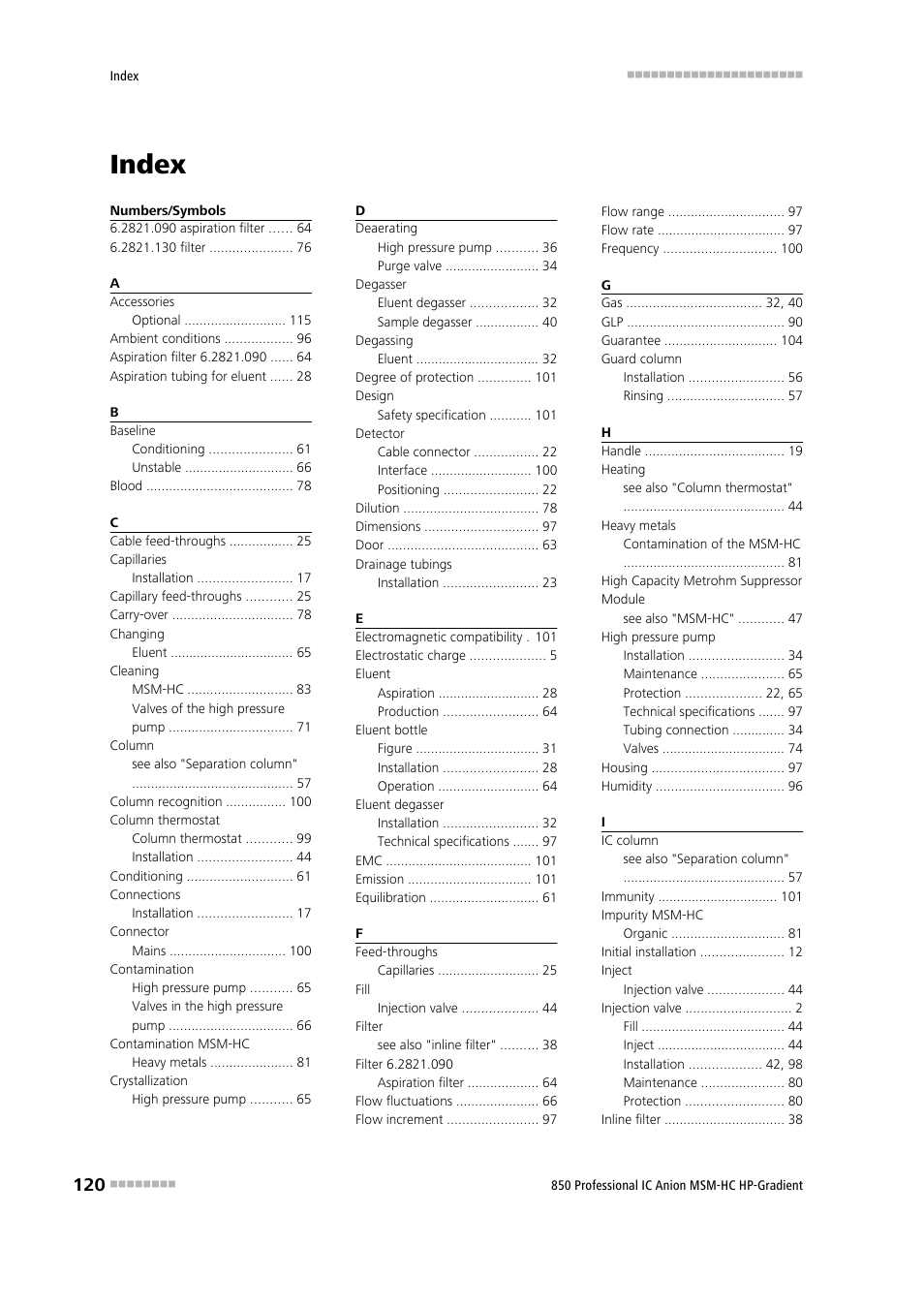 Index | Metrohm 850 Professional IC Anion MSM-HC - Gradient User Manual | Page 130 / 132