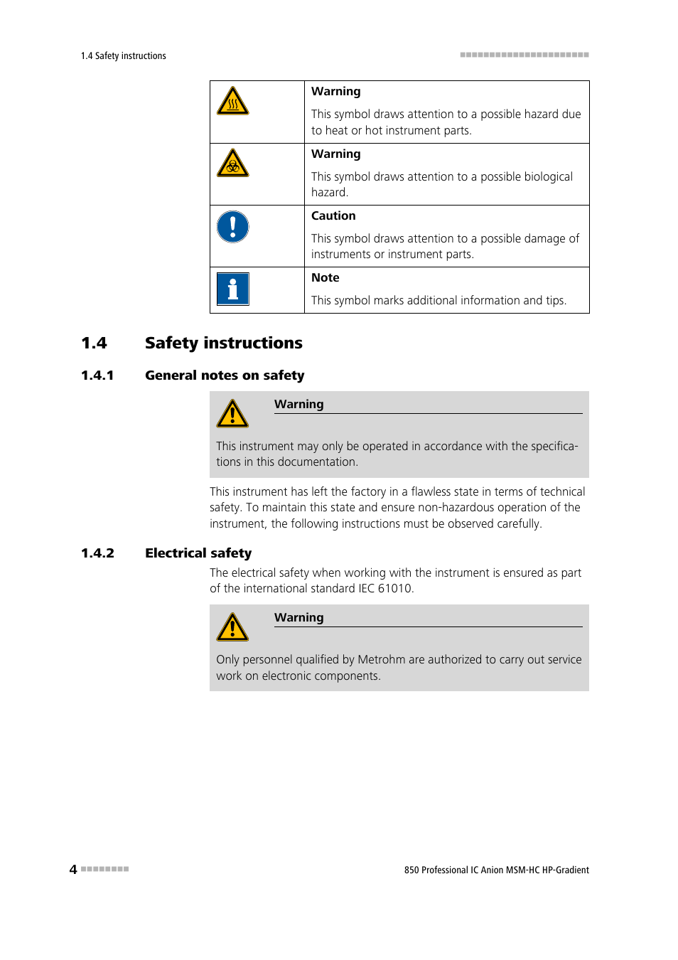 4 safety instructions, 1 general notes on safety, 2 electrical safety | Safety instructions, General notes on safety, Electrical safety | Metrohm 850 Professional IC Anion MSM-HC - Gradient User Manual | Page 14 / 132