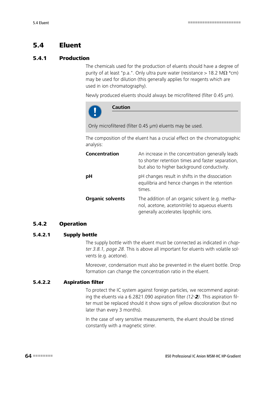 4 eluent, 1 production, 2 operation | 1 supply bottle, 2 aspiration filter, Eluent, Production, Operation | Metrohm 850 Professional IC Anion MSM-HC - Gradient User Manual | Page 74 / 132