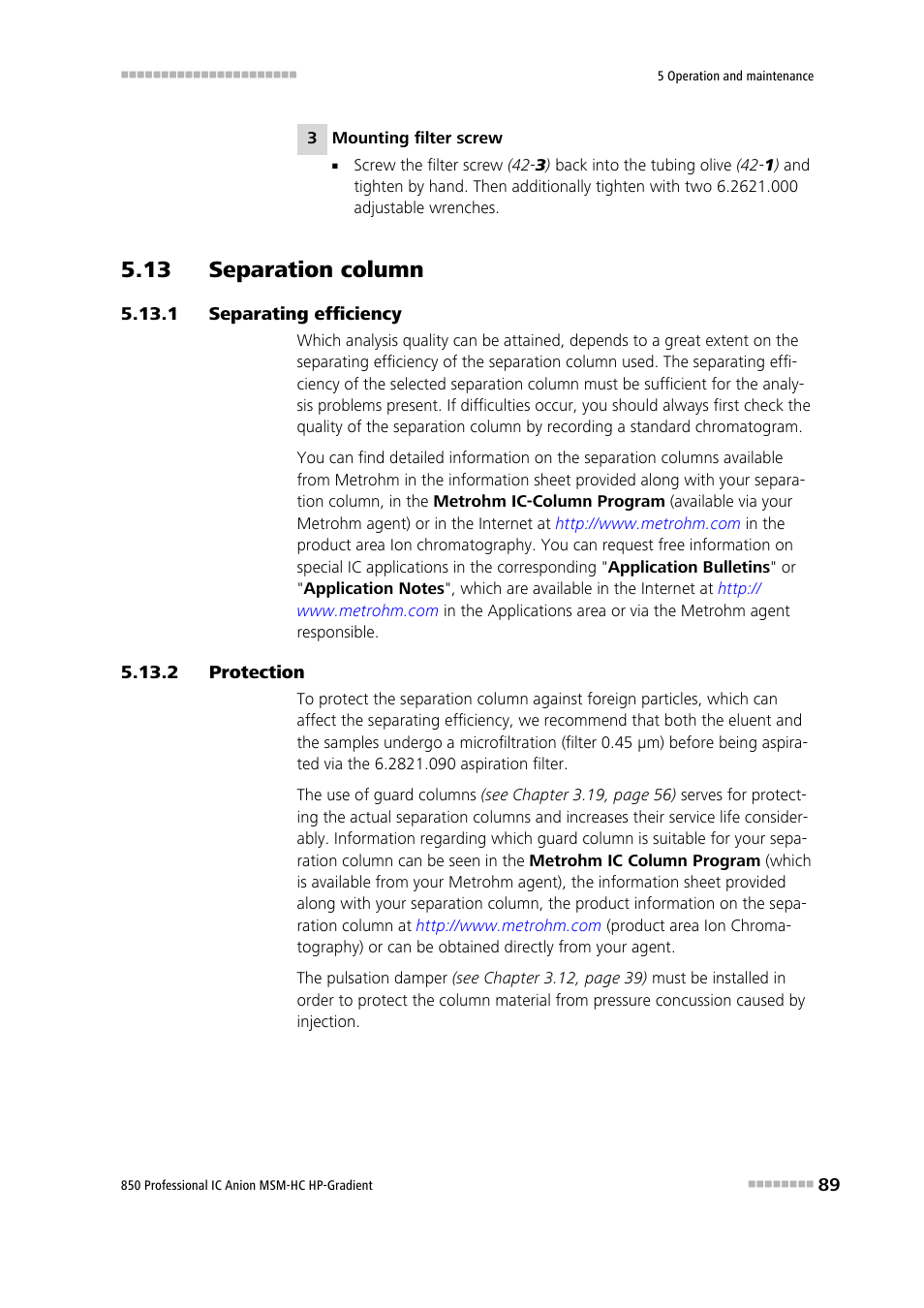 13 separation column, 1 separating efficiency, 2 protection | Separating efficiency, Protection | Metrohm 850 Professional IC Anion MSM-HC - Gradient User Manual | Page 99 / 132