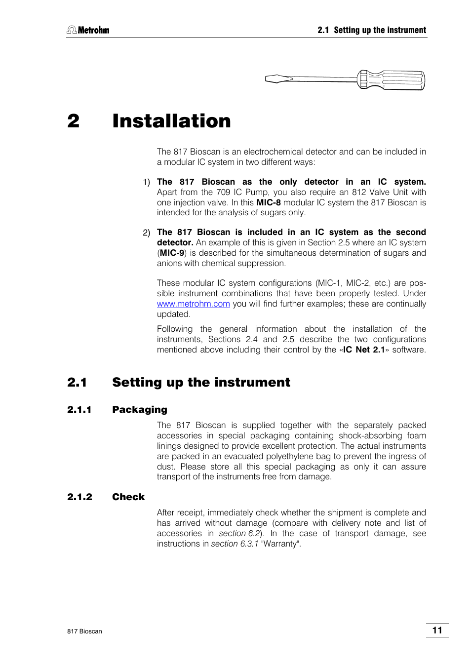 2 installation, 1 setting up the instrument, 1 packaging | 2 check | Metrohm 817 Bioscan User Manual | Page 19 / 85