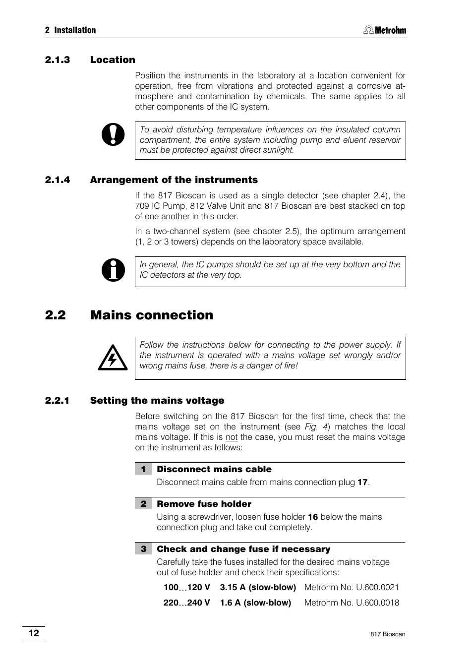 3 location, 4 arrangement of the instruments, 2 mains connection | 1 setting the mains voltage | Metrohm 817 Bioscan User Manual | Page 20 / 85